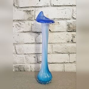 Vintage Blue Swung Glass Vase 16 Inch Mid Century Ombre Art Glass